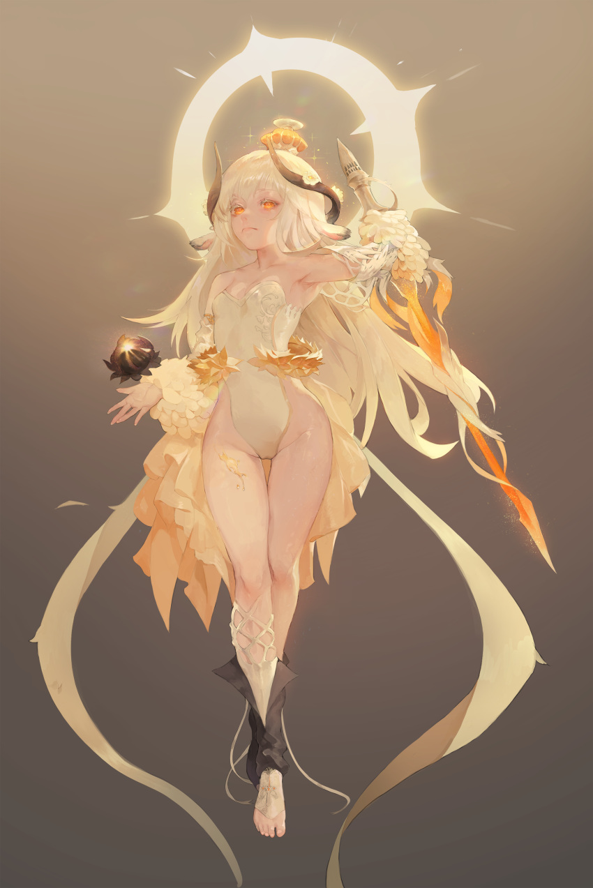 0000_(asd7083) 1girl absurdres animal_ears armpits barefoot blonde_hair breasts contrapposto crown flower full_body glowing glowing_sword glowing_weapon halo highleg highleg_leotard highres hips holding holding_sword holding_weapon honey horns leotard long_hair orange_eyes original shin_guards showgirl_skirt small_breasts solo strapless strapless_leotard sword very_long_hair weapon white_leotard