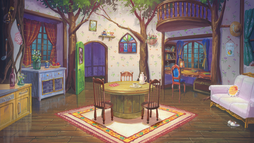 birijian book bottle chair character_doll chest commentary_request couch cup curtains door flower food fruit hat highres indoors ladle lamp long_hair luna_child mittens no_humans reflection scenery slippers star_sapphire sun_hat sunny_milk table teacup teapot touhou traditional_media tree window wooden_floor