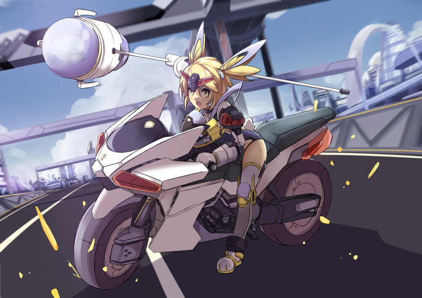 absurdres android blonde_hair city gloves ground_vehicle hair_ornament hammer highres mecha_musume motor_vehicle motorcycle original road robot street sudhiro twintails weapon white_gloves yellow_eyes