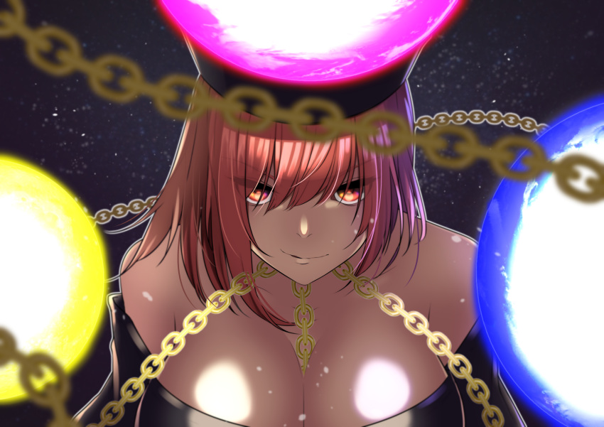 1girl bare_shoulders blurry breasts chain_between_breasts chains cleavage depth_of_field earth_(ornament) eyes_visible_through_hair grin hecatia_lapislazuli highres moon_(ornament) polos_crown red_eyes redhead smile solo takeka_fungi touhou