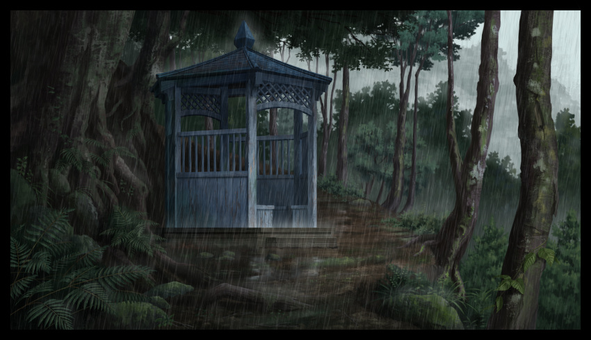 birijian black_border border commentary_request day forest gazebo grass highres nature no_humans original outdoors rain scenery touhou tree