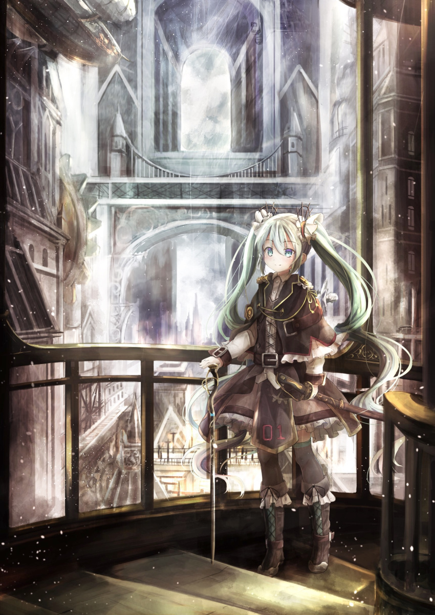 1girl absurdres black_legwear blue_eyes boots capelet eyebrows_visible_through_hair floating_hair full_body green_hair hair_between_eyes hair_ornament hatsune_miku highres holding long_hair outdoors skirt solo stairs standing steampunk thigh-highs twintails utatanecocoa very_long_hair vocaloid