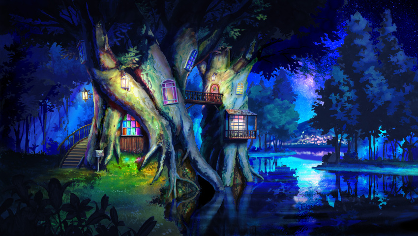 birijian commentary_request door flower forest grass highres lake lamp mailbox_(incoming_mail) mountain nature night no_humans original outdoors reflection scenery touhou tree treehouse water window