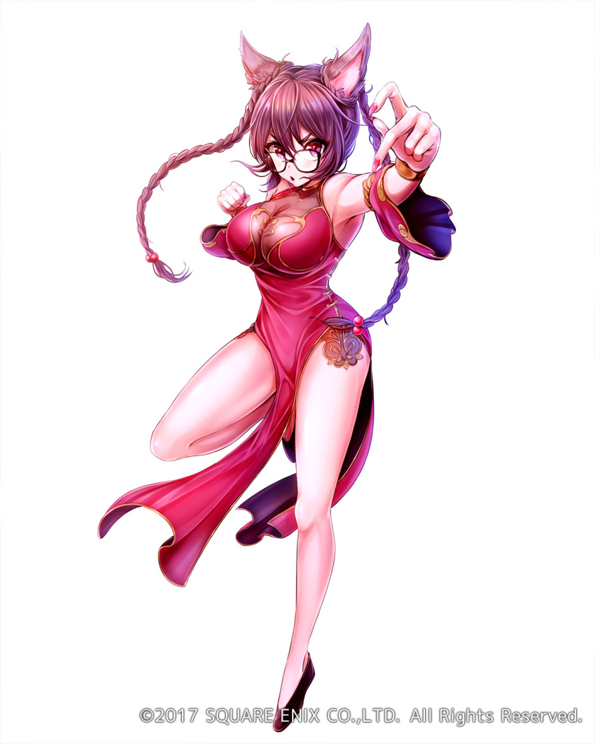 1girl :o alternate_hairstyle animal_ears bracer braid breasts brown_hair cat_ears china_dress chinese_clothes detached_sleeves dress fighting_stance full_body glasses highres impossible_clothes large_breasts long_hair looking_at_viewer mappaninatta nail_polish official_art outstretched_arm pelvic_curtain side_slit solo standing standing_on_one_leg twin_braids venus_rumble violet_eyes watermark white_background