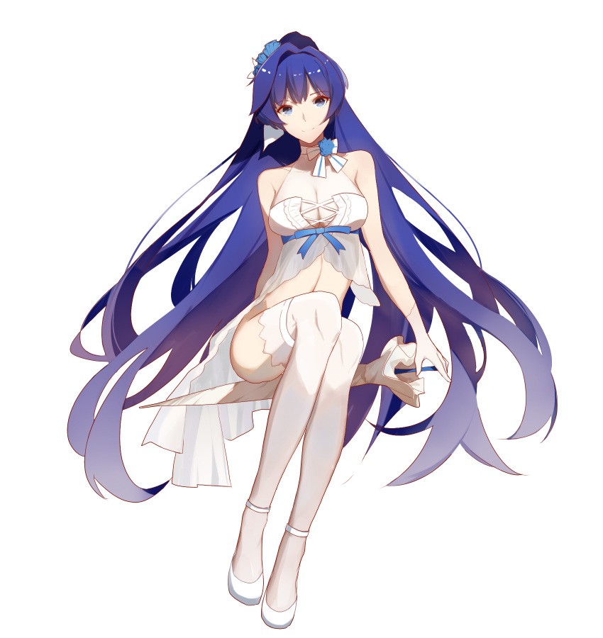 1girl bare_shoulders benghuai_xueyuan breasts bride cleavage commentary_request dress elbow_gloves gloves highres large_breasts long_hair looking_at_viewer purple_hair raiden_mei solo thigh-highs very_long_hair vic violet_eyes wedding wedding_dress white_dress white_legwear