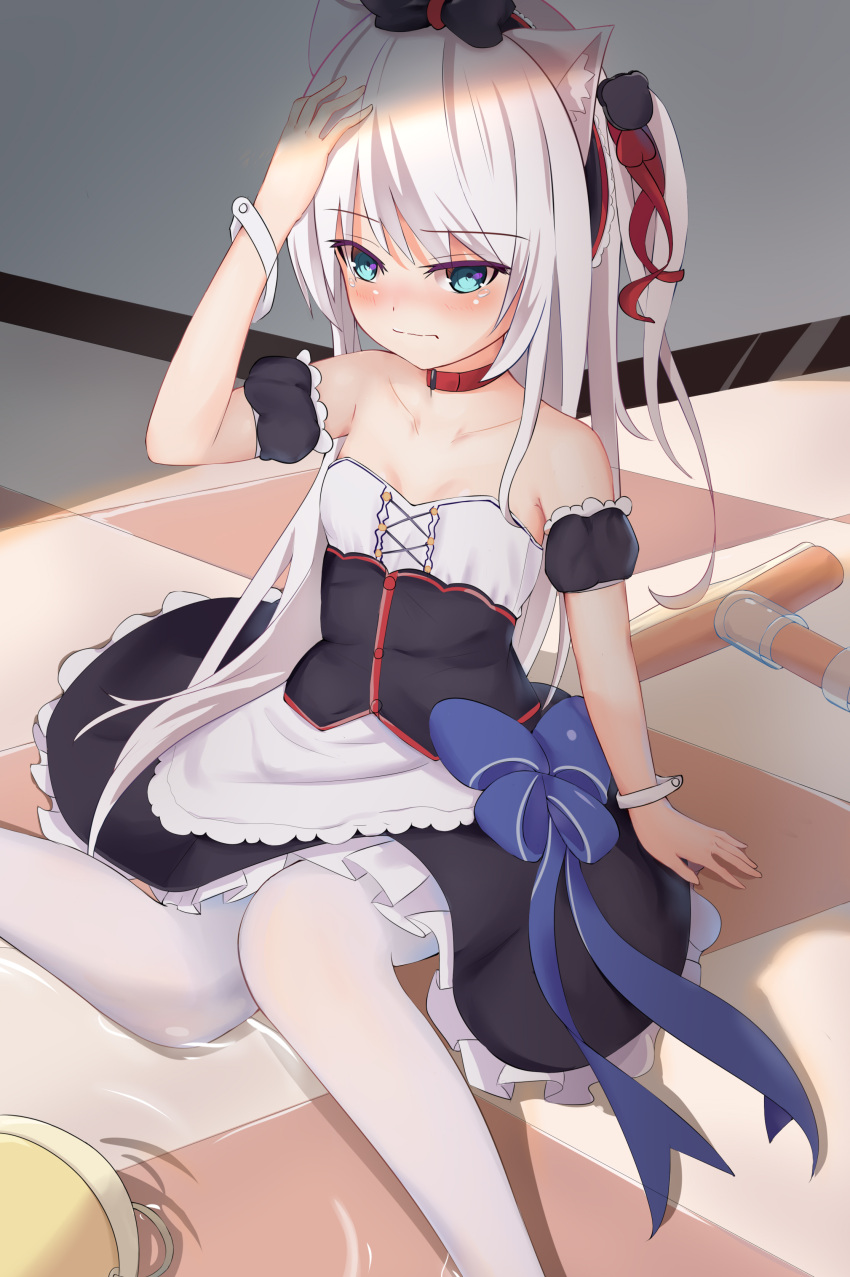 1girl absurdres apron arm_support arm_up azur_lane bangs bare_shoulders black_bow black_dress blue_bow blue_eyes bow breasts bucket cat_hair_ornament checkered checkered_floor closed_mouth collarbone commentary_request detached_sleeves dress eyebrows_visible_through_hair fingernails hair_bow hair_ornament hair_ribbon hammann_(azur_lane) hand_up highres long_hair maid one_side_up pantyhose puffy_short_sleeves puffy_sleeves red_ribbon ribbon sakutaishi short_sleeves silver_hair sitting small_breasts solo strapless strapless_dress tears very_long_hair waist_apron water white_apron white_legwear wrist_cuffs