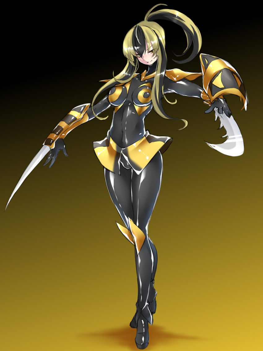 1girl arm_blade bee_girl black_hair blonde_hair bodysuit breasts gradient gradient_background highres insect_girl latex maron_(kagamikunn) multicolored_hair original ponytail shiny shiny_clothes skin_tight smile weapon yellow_eyes