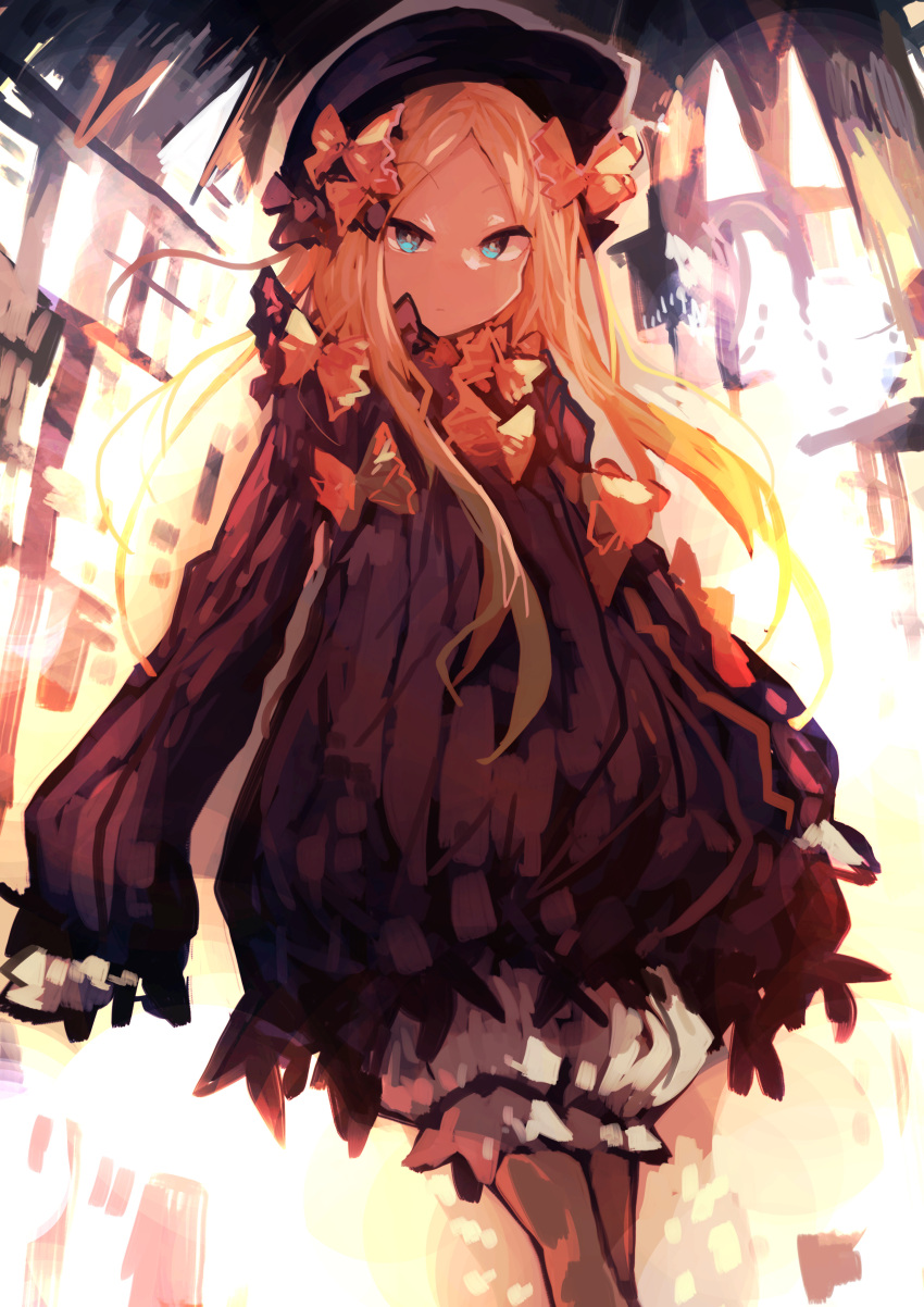 1girl abigail_williams_(fate/grand_order) absurdres bangs black_bow black_dress black_hat blonde_hair bloomers blue_eyes bow bug butterfly closed_mouth commentary_request dress eyebrows_visible_through_hair fate/grand_order fate_(series) forehead hair_bow hat highres insect kaamin_(mariarose753) long_hair long_sleeves orange_bow parted_bangs sketch sleeves_past_fingers sleeves_past_wrists solo underwear white_bloomers