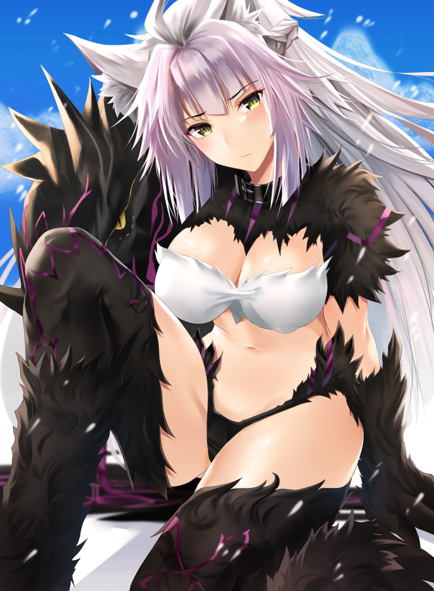 1girl atalanta_(alter)_(fate) atalanta_(fate) black_legwear black_panties braid breasts cleavage expressionless fate/apocrypha fate/grand_order fate_(series) fur green_eyes grey_hair highres large_breasts lavender_hair long_hair looking_at_viewer multicolored_hair navel nikek96 panties solo thigh-highs two-tone_hair underwear