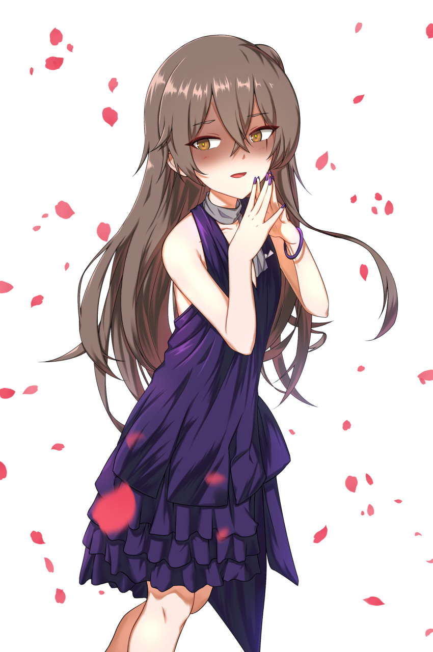 1girl alternate_costume bangle bangs bare_shoulders blush bracelet brown_eyes brown_hair casual collarbone crossed_bangs dress eyebrows_visible_through_hair fingers_together girls_frontline hair_between_eyes highres jewelry long_hair looking_at_viewer nail_polish one_side_up open_mouth panix2383 petals purple_dress purple_nails scar scar_across_eye scarf shaded_face sidelocks simple_background smile ump45_(girls_frontline) white_background