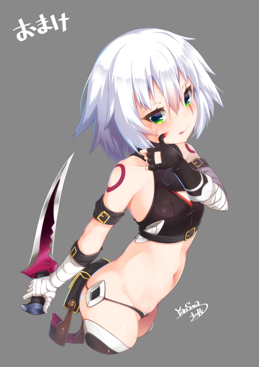 1girl :q bandage bandaged_arm bangs bare_shoulders black_gloves black_legwear black_panties black_shirt blood blood_on_face blush breasts closed_mouth cropped_legs dagger eyebrows_visible_through_hair facial_scar fate/grand_order fate_(series) fingerless_gloves gloves green_eyes grey_background groin hair_between_eyes hand_up highres holding holding_dagger holding_weapon jack_the_ripper_(fate/apocrypha) lowleg lowleg_panties navel panties scar scar_across_eye scar_on_cheek shirt shoulder_tattoo signature silver_hair simple_background single_glove sleeveless sleeveless_shirt small_breasts smile solo tattoo thigh-highs tongue tongue_out translated underwear weapon yaosera
