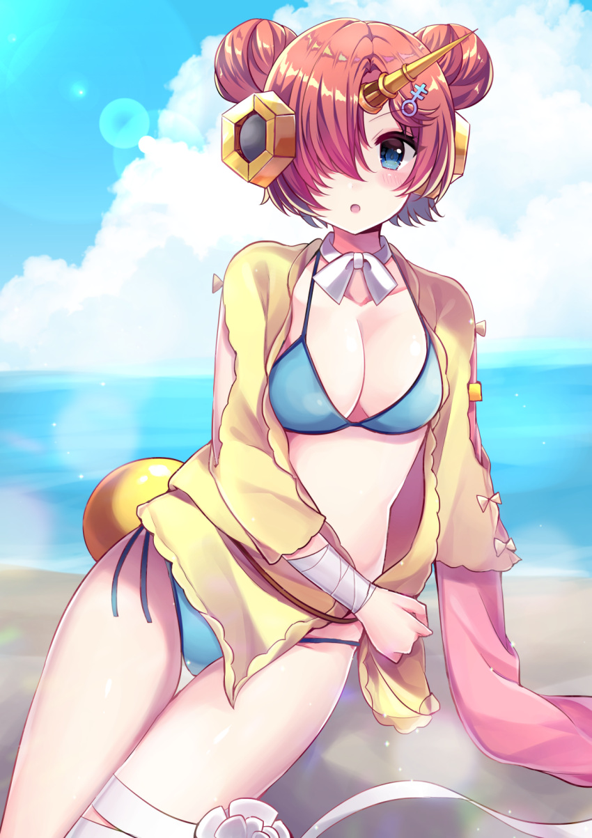 1girl :o arm_support asymmetrical_sleeves bandage bandaged_arm bandaged_leg bangs beach bikini blue_bikini blue_eyes blue_sky blush breasts cleavage clouds cloudy_sky collarbone commentary_request day double_bun eyebrows_visible_through_hair fate/grand_order fate_(series) flower frankenstein's_monster_(fate) frankenstein's_monster_(swimsuit_saber)_(fate) hair_ornament hair_over_one_eye highres horizon jacket looking_at_viewer medium_breasts minami_saki ocean open_clothes open_jacket outdoors parted_lips redhead rose sand side-tie_bikini side_bun sky sleeves_past_fingers sleeves_past_wrists solo swimsuit water white_flower white_rose yellow_jacket