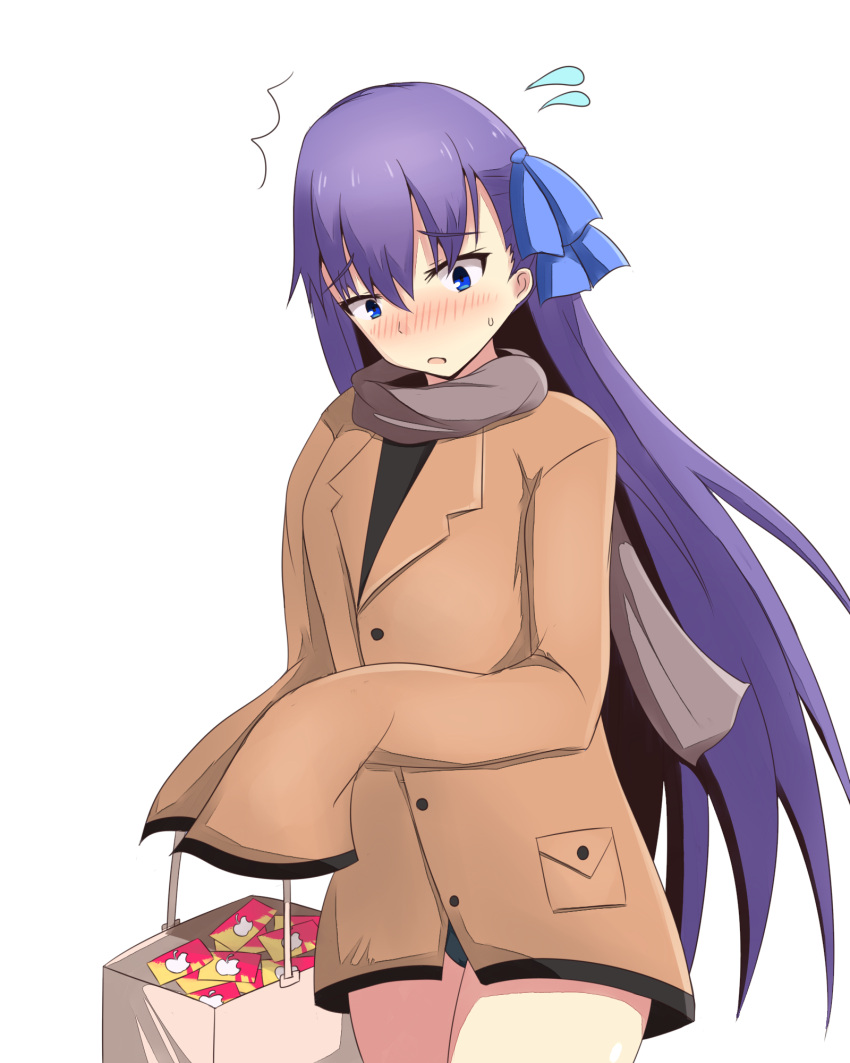 /\/\/\ 1girl bag black_panties black_shirt blue_bow blue_eyes bow brown_coat brown_scarf coat fate/extra fate/extra_ccc fate_(series) flying_sweatdrops gift_card hair_bow head_tilt highres holding_bag long_hair long_sleeves meltlilith mitchi no_pants nse panties paper_bag purple_hair scarf shirt shopping_bag simple_background sleeves_past_fingers sleeves_past_wrists solo underwear very_long_hair white_background