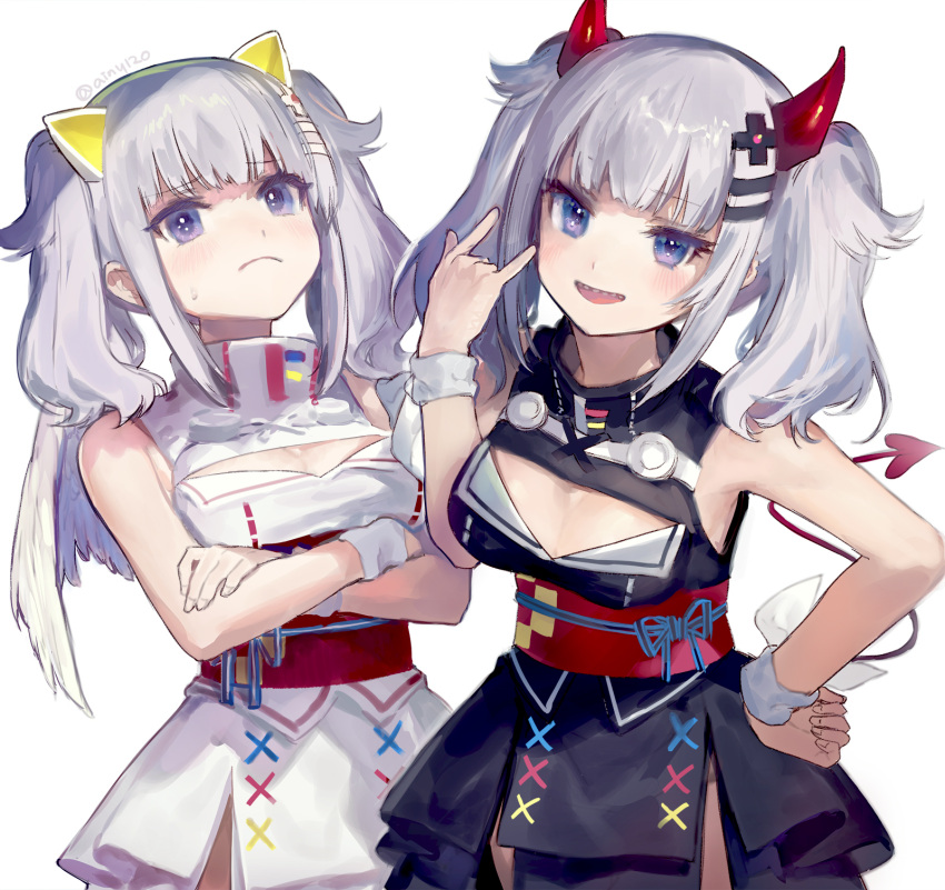 2girls ainy77 angel_wings blue_eyes breasts cleavage_cutout cowboy_shot crossed_arms demon_horns demon_tail dual_persona eyebrows_visible_through_hair frown hair_ornament highres horns kaguya_luna kaguya_luna_(character) multiple_girls open_mouth sharp_teeth simple_background smile sweatdrop tail teeth twintails virtual_youtuber white_background white_hair wings