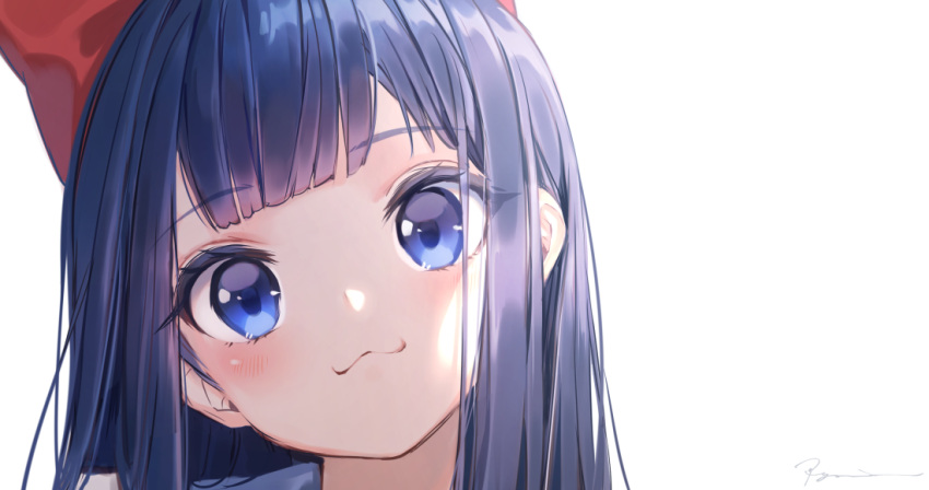 1girl :3 bangs blue_eyes blue_hair blunt_bangs blush bow closed_mouth commentary eyebrows_visible_through_hair face hair_bow hakura_kusa head_tilt light long_hair looking_at_viewer pipimi poptepipic portrait red_bow signature simple_background solo straight_hair symbol_commentary white_background