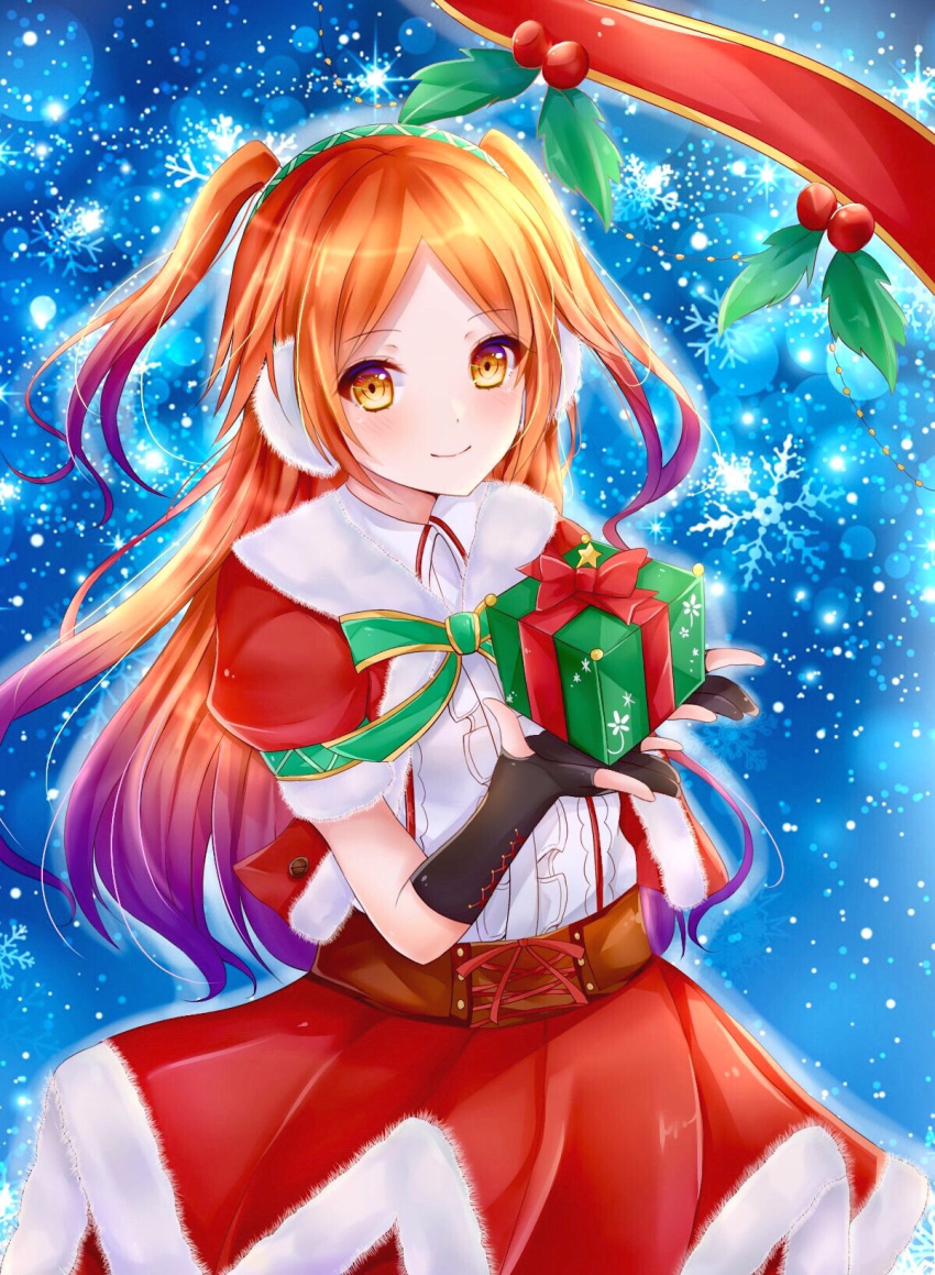 1girl black_gloves blush box earmuffs fingerless_gloves fur_trim gift gift_box gloves hairband highres kckckc0_0 long_hair looking_at_viewer orange_hair phantasy_star phantasy_star_online_2 quna_(pso2) red_ribbon red_skirt ribbon santa_costume short_sleeves skirt smile snowflakes solo standing twintails very_long_hair yellow_eyes