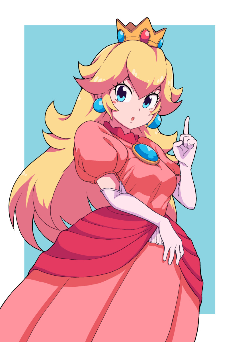 1girl :o absurdres bangs blonde_hair blue_eyes blush_stickers breasts brooch crown dress earrings elbow_gloves eyebrows eyelashes facing_away gem gloves hair_between_eyes hand_up highres index_finger_raised jewelry long_hair super_mario_bros. medium_breasts nazonazo_(nazonazot) pink_dress princess princess_peach puffy_short_sleeves puffy_sleeves short_sleeves solo super_mario_bros. tongue white_gloves