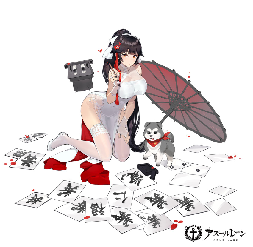 1girl animal azur_lane bandanna bangs bare_shoulders bending_forward bent_over black_hair blunt_bangs bow breasts bridal_gauntlets calligraphy_brush china_dress chinese_clothes closed_mouth collarbone covered_navel dog dress eyebrows fingernails flower full_body garter_straps hair_bow hair_flower hair_ornament hand_on_own_thigh high_ponytail highres holding holding_paintbrush kishiyo kneeling large_breasts long_hair official_art orange_eyes oriental_umbrella paintbrush paw_print pelvic_curtain red_umbrella shiba_inu shoes side_slit sleeveless sleeveless_dress solo tachi-e takao_(azur_lane) thigh-highs turret umbrella white_bow white_dress white_footwear white_legwear