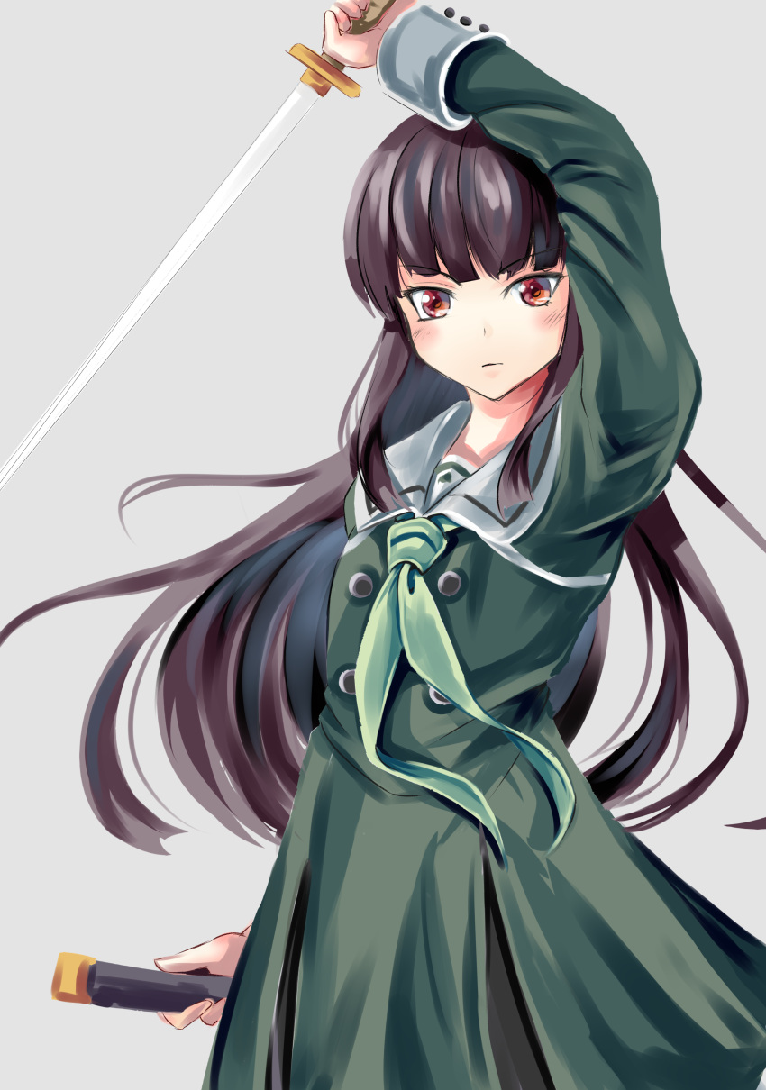 1girl absurdres arm_above_head bangs black_hair blue_background blunt_bangs blush commentary_request contrapposto cowboy_shot dress expressionless green_dress green_neckwear highres holding holding_sword holding_weapon juujou_hiyori katana long_hair long_sleeves looking_at_viewer neckerchief red_eyes scabbard school_uniform sheath simple_background sketch solo sword toji_no_miko unsheathed weapon yumibakama_meme