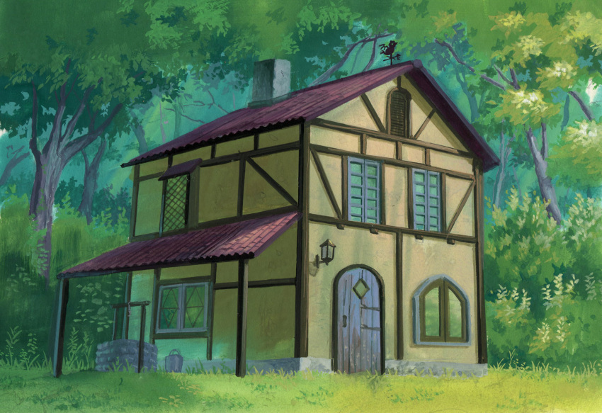 birijian bucket bush calligraphy_brush_(medium) chimney commentary_request day door graphite_(medium) grass highres house lamp nature no_humans outdoors scenery touhou traditional_media tree weather_vane well window