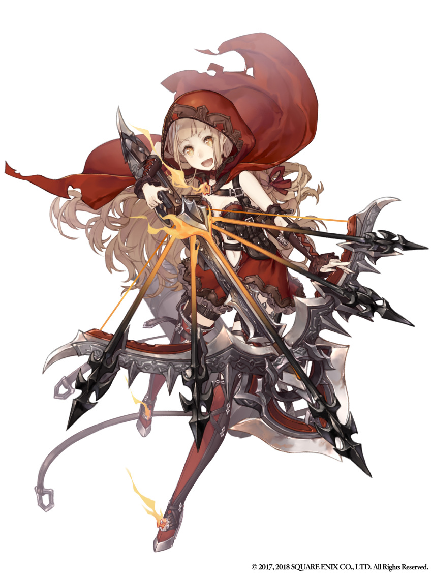 1girl :d absurdres arrow blonde_hair boots bow_(weapon) cape crossbow frilled_skirt frills full_body highres hood jino little_red_riding_hood_(sinoalice) long_hair looking_at_viewer navel official_art open_mouth quiver sinoalice skirt smile thigh-highs thigh_boots very_long_hair weapon white_background yellow_eyes
