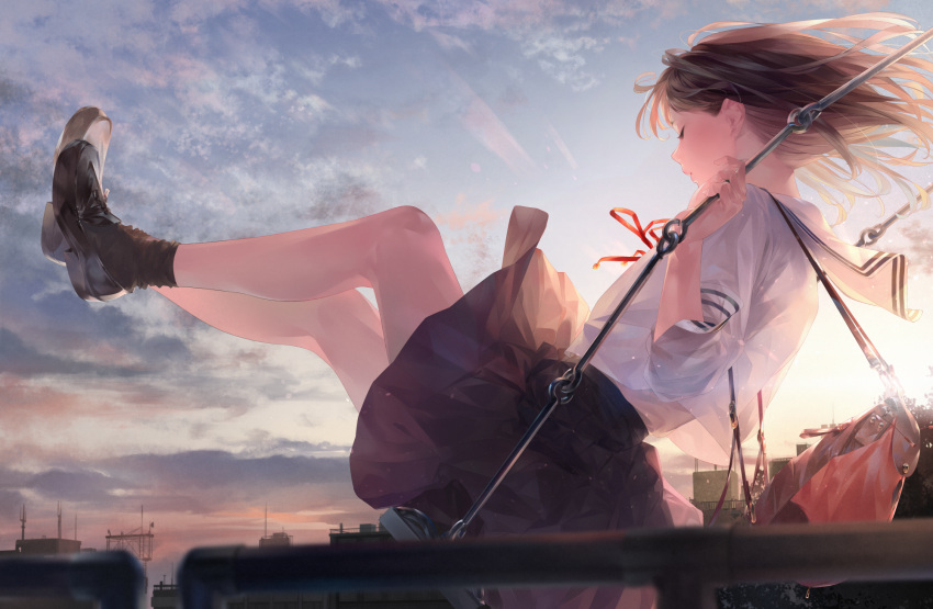 1girl backpack bag black_footwear blurry brown_hair building city closed_eyes clouds commentary_request depth_of_field from_side full_body highres legs_up loafers long_hair neck_ribbon original outdoors pleated_skirt profile red_ribbon ribbon school_uniform serafuku shirt shoes short_sleeves sitting skirt sky socks solo sousou_(sousouworks) sunlight swing twilight