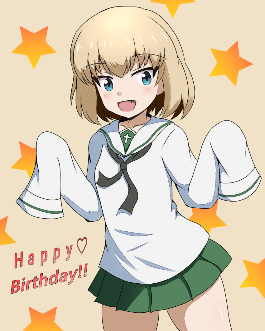 1girl :d bangs black_neckwear blue_eyes blush brown_background commentary_request eyebrows_visible_through_hair fang girls_und_panzer green_skirt hair_between_eyes hairband hands_up happy_birthday heart highres katyusha light_brown_hair long_sleeves looking_at_viewer mitchi ooarai_school_uniform open_mouth pleated_skirt sailor_collar school_uniform serafuku shirt simple_background skirt sleeves_past_fingers sleeves_past_wrists smile solo star starry_background white_sailor_collar white_shirt