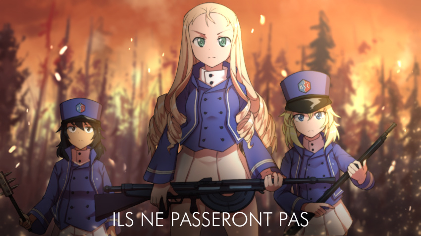 andou_(girls_und_panzer) battlefield_1 bc_freedom_military_uniform blonde_hair blue_jacket chauchat closed_mouth club drill_hair fire forest girls_und_panzer girls_und_panzer_saishuushou green_eyes gun hat highres jacket long_hair long_sleeves looking_at_viewer marie_(girls_und_panzer) multiple_girls nature oshida_(girls_und_panzer) rifle shirt sinensian standing weapon