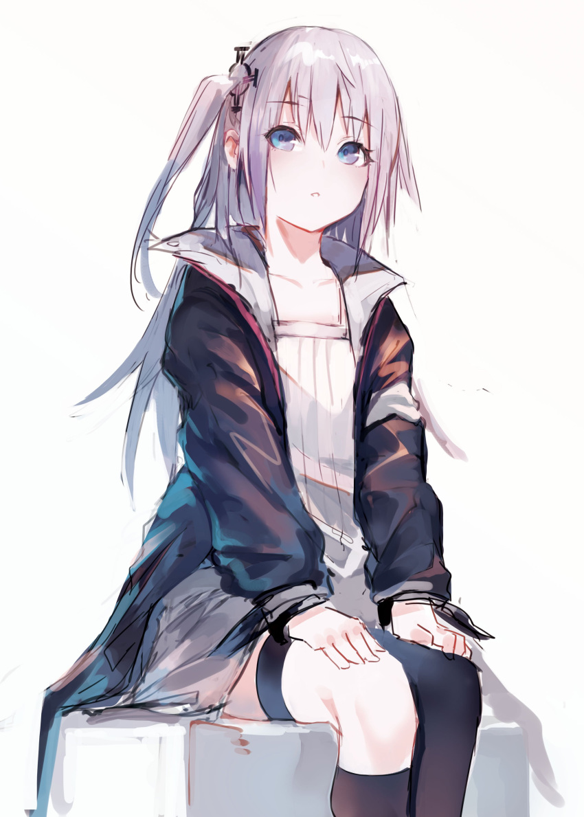 1girl absurdres black_legwear blue_eyes dress girls_frontline hair_ornament highres irikawa jacket jacket_on_shoulders long_hair multicolored_hair one_side_up open_clothes open_mouth pink_hair side_ponytail simple_background single_thighhigh sitting solo st_ar-15_(girls'_frontline) streaked_hair thigh-highs white_dress