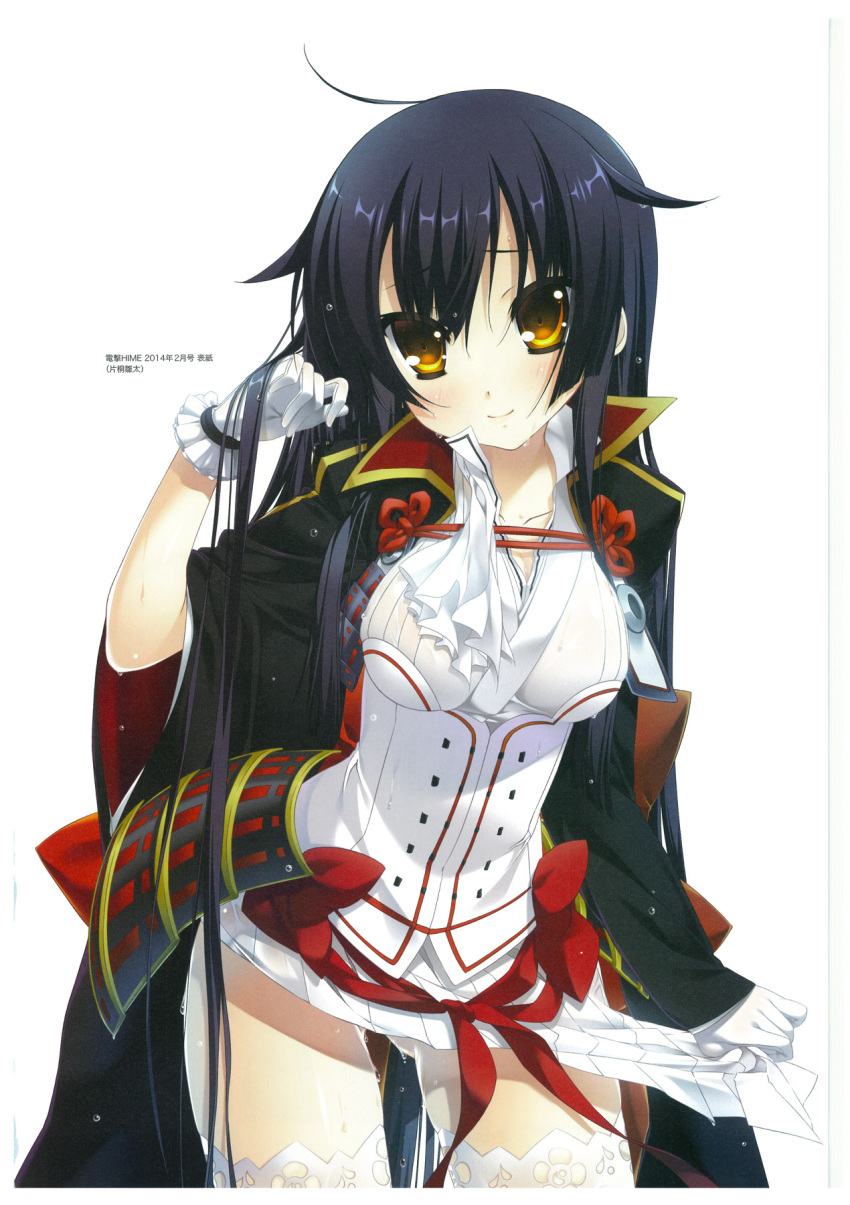 1girl ahoge bangs black_hair blush breasts hand_in_hair highres japanese_clothes katagiri_hinata long_hair long_sleeves looking_at_viewer medium_breasts oda_saburou_kuon_nobunaga official_art pleated_skirt ribbon scan sengoku_koihime_~otome_kenran_sengoku_emaki~ skirt smile standing thigh-highs very_long_hair wet white_background white_legwear white_skirt yellow_eyes