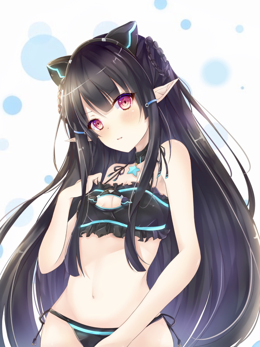 1girl anette_(pso2) black_bra black_hair black_panties bra breasts choker cleavage cleavage_cutout floating_hair frilled_bra frills hair_ornament head_tilt highres jewelry kckckc0_0 long_hair navel necklace panties parted_lips phantasy_star phantasy_star_online_2 pointy_ears red_eyes side-tie_panties small_breasts solo standing star star_necklace underwear underwear_only very_long_hair