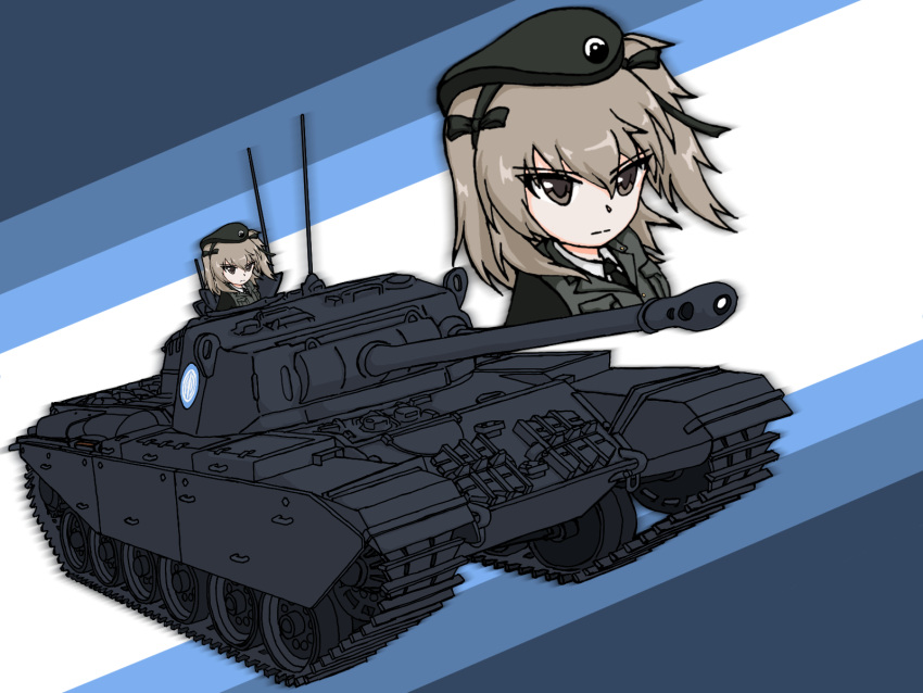 1girl artist_request brown_eyes centurion_(tank) emblem girls_und_panzer ground_vehicle hat highres light_brown_hair military military_vehicle motor_vehicle selection_university_(emblem) selection_university_military_uniform shimada_arisu tank