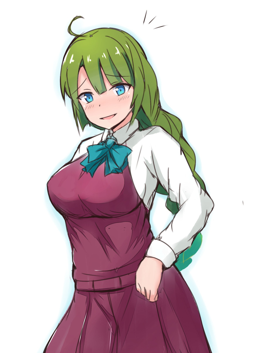 1girl :d absurdres ahoge bangs blue_eyes blue_neckwear blue_outline blush bow bowtie breasts collared_shirt commentary_request dress eyebrows_visible_through_hair green_hair hair_between_eyes head_tilt highres kantai_collection large_breasts long_hair long_sleeves looking_at_viewer mitiru_ccc2 no_mole open_mouth outline pleated_dress purple_dress school_uniform shirt sketch sleeveless sleeveless_dress smile solo very_long_hair white_background white_shirt yuugumo_(kantai_collection)