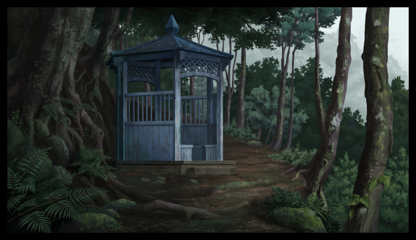 birijian black_border border commentary_request day forest gazebo grass highres nature no_humans original outdoors rain scenery touhou tree