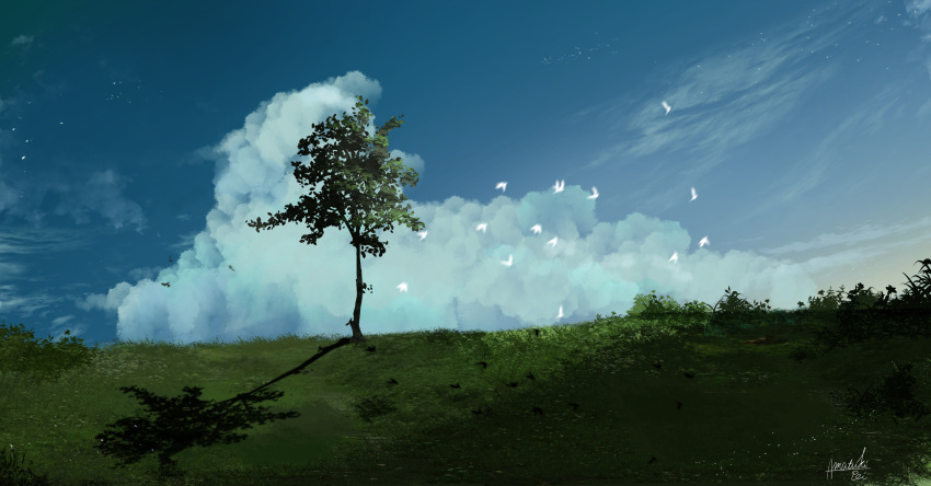 absurdres amatsuki_rei bird blue_sky clouds cloudy_sky commentary_request flock grass highres no_humans original outdoors scenery sky tree