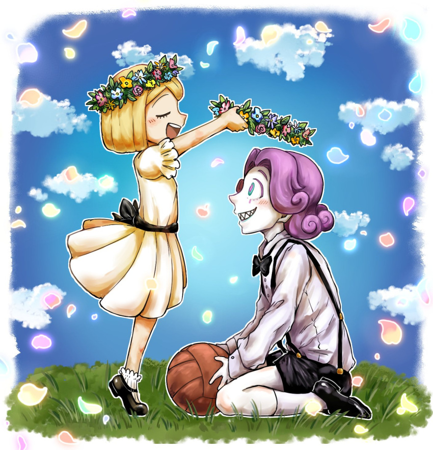 1boy 1girl ball black_footwear blonde_hair blue_sky blush closed_eyes clouds commentary_request dress echipashiko fate/grand_order fate_(series) flower_wreath from_side green_eyes grin highres holding long_sleeves looking_at_another mary_janes mephistopheles_(fate/grand_order) multicolored multicolored_eyes no_hat no_headwear paul_bunyan_(fate/grand_order) petals purple_hair shoes short_hair short_sleeves sitting sky smile socks violet_eyes white_dress white_legwear white_skin younger