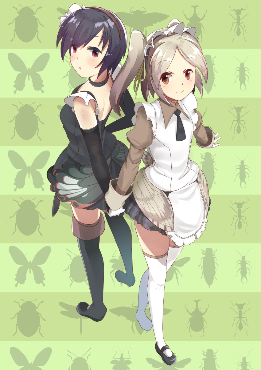 absurdres animal_print apron bangs black_gloves black_hair black_legwear brown_hair bug butterfly butterfly_print eyebrows_visible_through_hair gloves hair_ribbon hairband hand_holding highres insect long_sleeves looking_at_viewer maid miniskirt original puffy_sleeves ribbon short_hair simple_background skirt smile sudhiro twintails white_gloves white_legwear