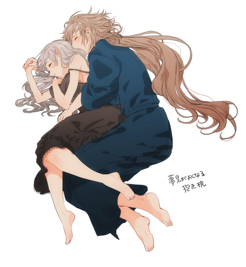 1boy 1girl alternate_costume barefoot closed_eyes couple female_my_unit_(fire_emblem_if) fire_emblem fire_emblem_if full_body grey_hair hand_holding hetero highres hug long_hair lying my_unit_(fire_emblem_if) nightgown on_side pointy_ears ponytail silver_hair simple_background sleeping spooning strap_slip takumi_(fire_emblem_if) white_background yakusuke