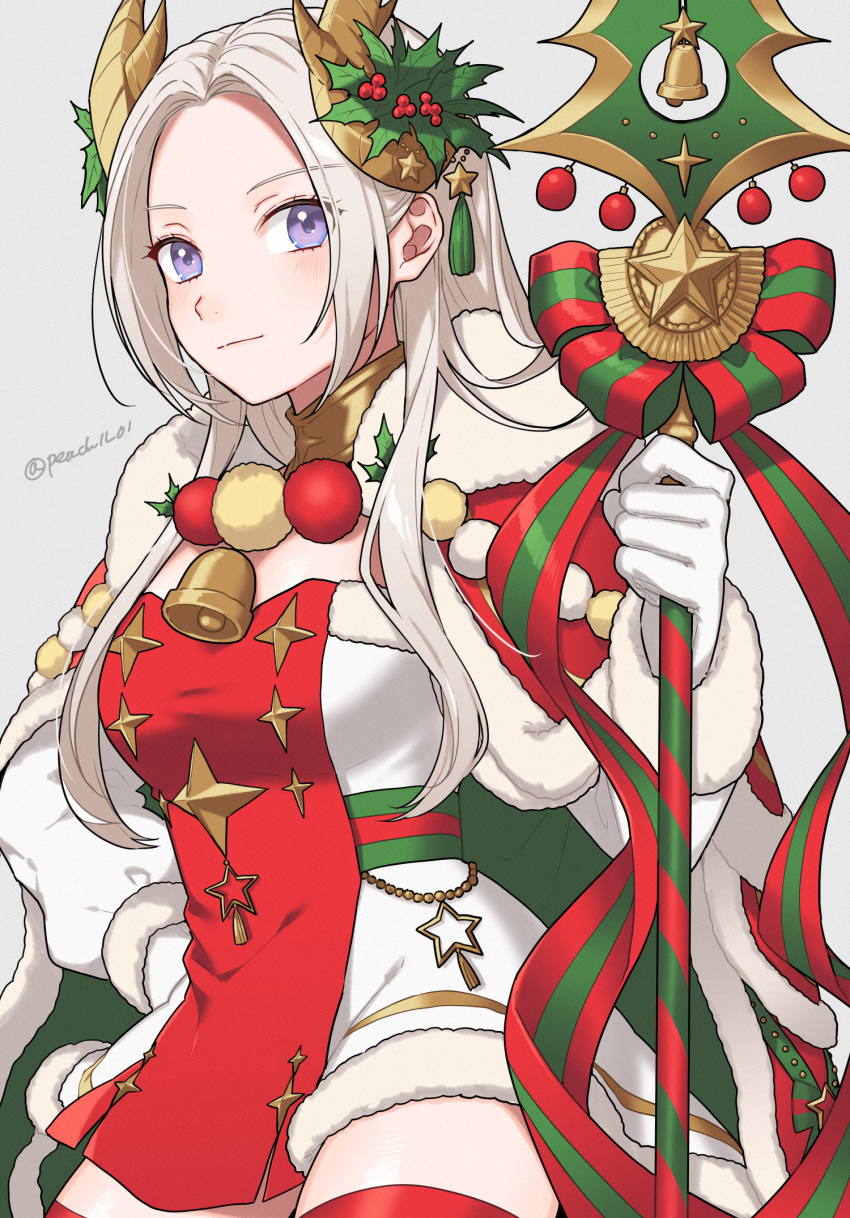 1girl blue_eyes cape dress edelgard_von_hresvelg edelgard_von_hresvelg_(snowfall_future) fake_horns fire_emblem fire_emblem:_three_houses fire_emblem_heroes gloves hair_ornament highres holding holding_polearm holding_weapon horns long_hair long_sleeves looking_at_viewer multicolored_clothes official_alternate_costume peach11_01 polearm red_cape red_dress red_thighhighs smile solo thigh-highs violet_eyes weapon white_dress white_gloves white_hair