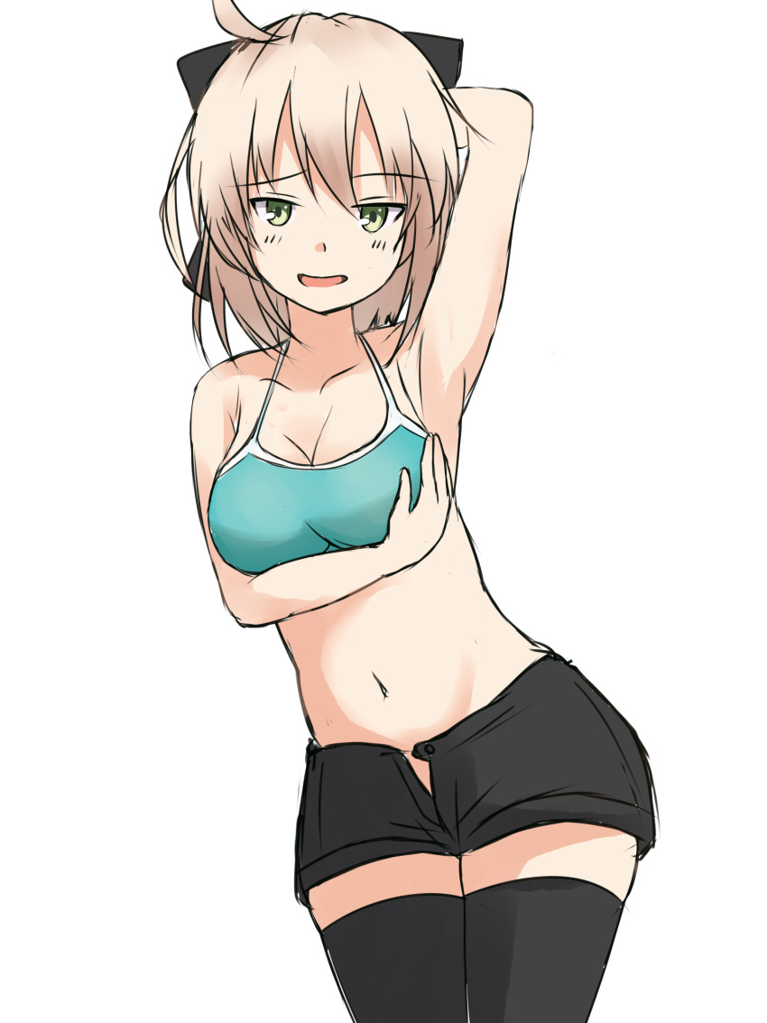 1girl :d absurdres ahoge arm_up armpits bangs bare_shoulders black_bow black_legwear black_shorts blush bow breast_hold breasts cleavage collarbone commentary_request crop_top dutch_angle eyebrows_visible_through_hair fate/grand_order fate_(series) green_eyes hair_between_eyes hair_bow hand_behind_head highres koha-ace light_brown_hair long_hair looking_at_viewer medium_breasts mitchi navel okita_souji_(fate) open_fly open_mouth short_shorts shorts simple_background smile solo thigh-highs unzipped white_background