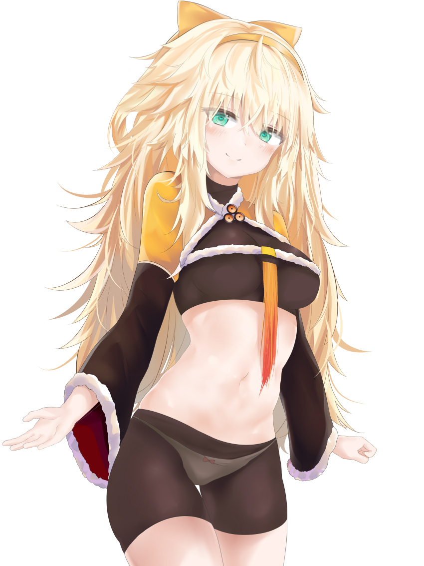 1girl absurdres alternate_costume bangs blonde_hair blush bow bow_panties breasts crop_top cropped_jacket eyebrows_visible_through_hair fur-trimmed_jacket fur_trim girls_frontline green_eyes hair_between_eyes hair_bow hairband heart heart-shaped_pupils highres jacket large_breasts long_hair looking_at_viewer messy_hair navel orange_bow orange_hairband panties ru_zhai s.a.t.8_(girls_frontline) see-through shorts sidelocks simple simple_background smile solo stomach symbol-shaped_pupils underwear very_long_hair white_background white_panties