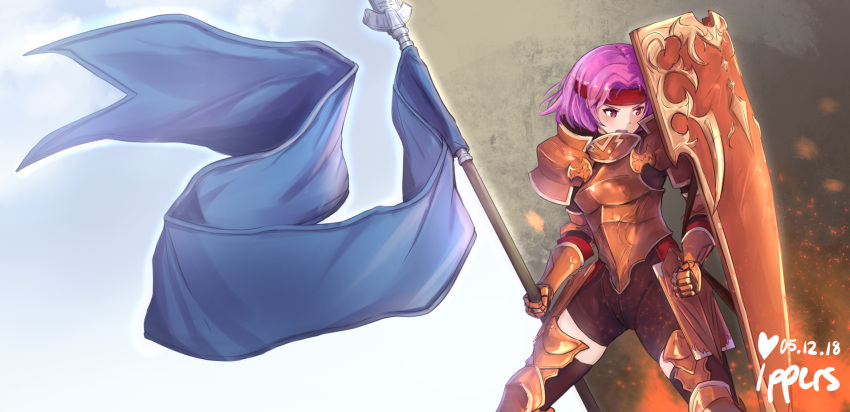 1girl armor armored_boots artist_name banner black_legwear bodysuit boots breastplate clouds cloudy_sky cowboy_shot dated fire_emblem fire_emblem:_fuuin_no_tsurugi gauntlets headband highres ippers knight open_mouth pink_hair polearm red_eyes shield short_hair skin_tight sky solo spear thigh-highs weapon wendy_(fire_emblem)
