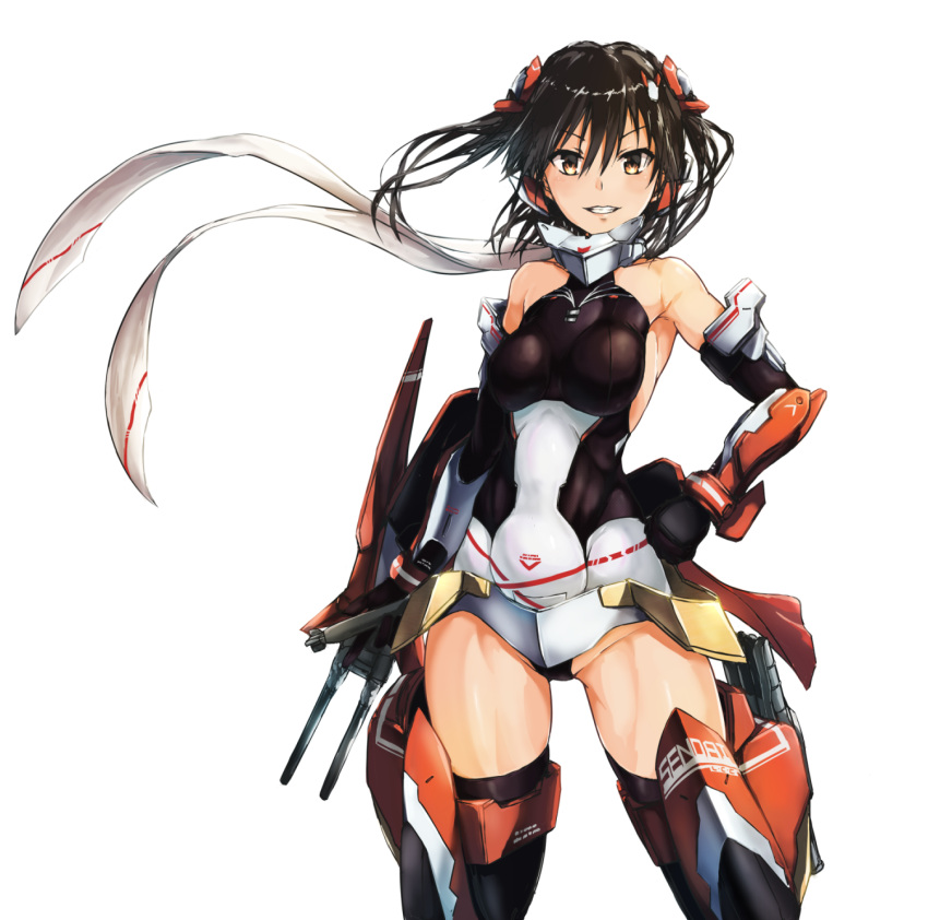 1girl alternate_costume armpits asura_ninja bangs bare_shoulders black_hair black_leotard breasts cosplay elbow_gloves eyebrows_visible_through_hair gloves groin hair_between_eyes hair_ornament hand_on_hip highres kantai_collection leotard long_hair looking_at_viewer mecha_musume medium_breasts megami_device muscle parted_lips scarf sendai_(kantai_collection) simple_background smile solo standing teeth thigh-highs thighs torpedo torpedo_tubes tsukira_(amayadori) turret white_background yellow_eyes