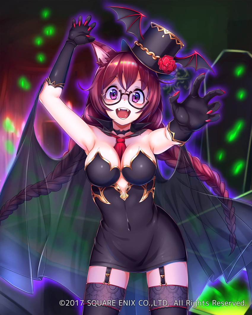 1girl animal_ears arm_up armpits between_breasts black_dress braid breasts brown_hair cat_ears choker cleavage cloak detached_collar dress fangs garter_straps gloves glowing hat highres large_breasts long_hair looking_at_viewer mappaninatta necktie necktie_between_breasts official_art open_mouth reaching_out see-through semi-rimless_eyewear solo strapless strapless_dress thigh-highs top_hat twin_braids venus_rumble violet_eyes watermark