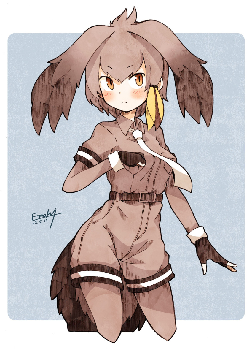 1girl absurdres bird_tail bird_wings blonde_hair blush collared_shirt commentary_request cowboy_shot elbow_gloves enk_0822 eyebrows_visible_through_hair fingerless_gloves gloves grey_hair hair_tie head_wings highres kemono_friends multicolored_hair necktie pantyhose shirt shoebill_(kemono_friends) short_hair shorts solo t-shirt wings