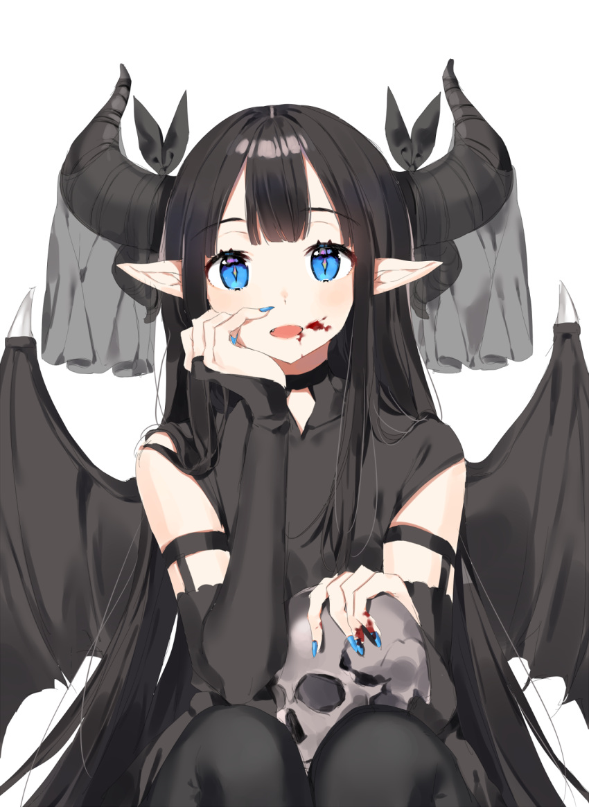 1girl bangs black_hair black_legwear blood blood_on_face bloody_hands blue_eyes blue_nails bridal_gauntlets chin_rest demon_girl demon_wings eyebrows_visible_through_hair fangs fingernails highres horns long_hair looking_at_viewer nail_polish ongyageum open_mouth original pantyhose pointy_ears sharp_fingernails simple_background sitting skull solo symbol-shaped_pupils tareme veil very_long_hair white_background wings