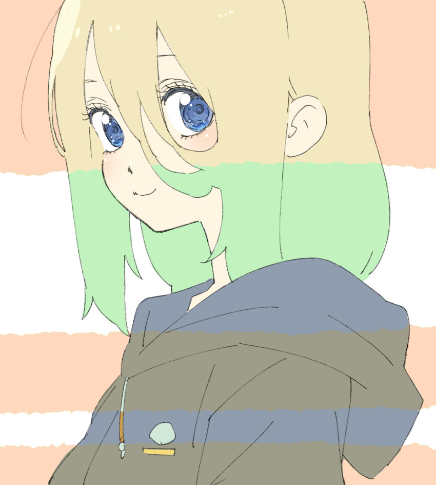 1girl absurdres blonde_hair blue_eyes blush closed_mouth copyright_request donguri_suzume from_side green_hair grey_hoodie hair_between_eyes highres hood hood_down hoodie looking_at_viewer looking_to_the_side multicolored_hair page_tear smile solo two-tone_hair upper_body