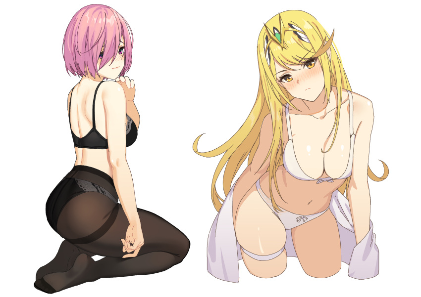 2girls absurdres bangs black_bra black_legwear black_panties blonde_hair blush bra breasts brown_eyes chinese_commentary cleavage contrapposto cropped_legs crotch_seam embarrassed eyebrows_visible_through_hair fate/grand_order fate_(series) from_side hair_over_one_eye hairband highres mythra_(xenoblade) icarus_(632247131) kneeling large_breasts leaning_forward long_hair looking_at_viewer mash_kyrielight multiple_girls navel panties panties_under_pantyhose pantyhose pink_hair short_hair simple_background skindentation swept_bangs thigh_strap thighband_pantyhose underwear underwear_only violet_eyes wavy_mouth white_background white_bra white_panties xenoblade_(series) xenoblade_2