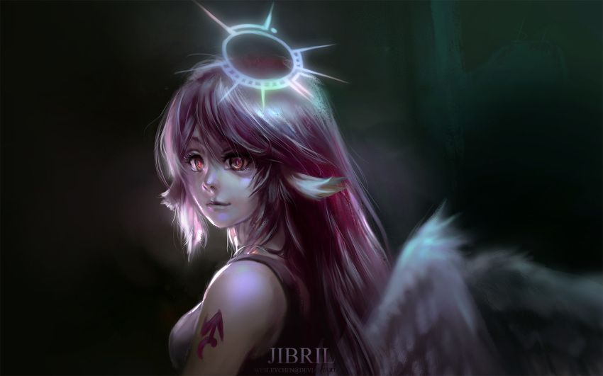 1girl angel_wings breasts character_name closed_mouth commentary cross feathered_wings halo highres jibril_(no_game_no_life) large_breasts long_hair low_wings magic_circle multicolored multicolored_eyes no_game_no_life pink_eyes pink_hair renevatia solo symbol-shaped_pupils watermark web_address white_wings wing_ears wings yellow_eyes