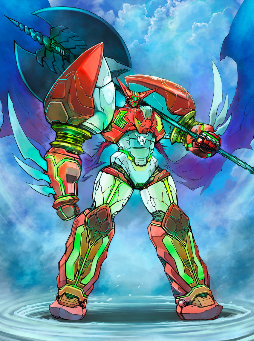 axe clouds full_body getter_robo glowing glowing_eyes highres holding holding_axe mecha no_humans over_shoulder robot science_fiction shin_getter-1 shin_getter_robo solo super_robot weapon weapon_over_shoulder yamanushi yellow_eyes